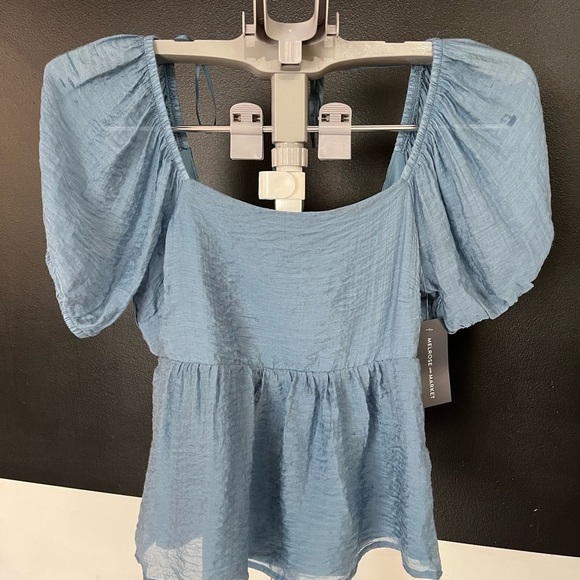 💙 Melrose and Market Blue Smocked Peplum Blouse – Size Small 💙 NWT | 2-Tie Bac - Picture 10 of 12